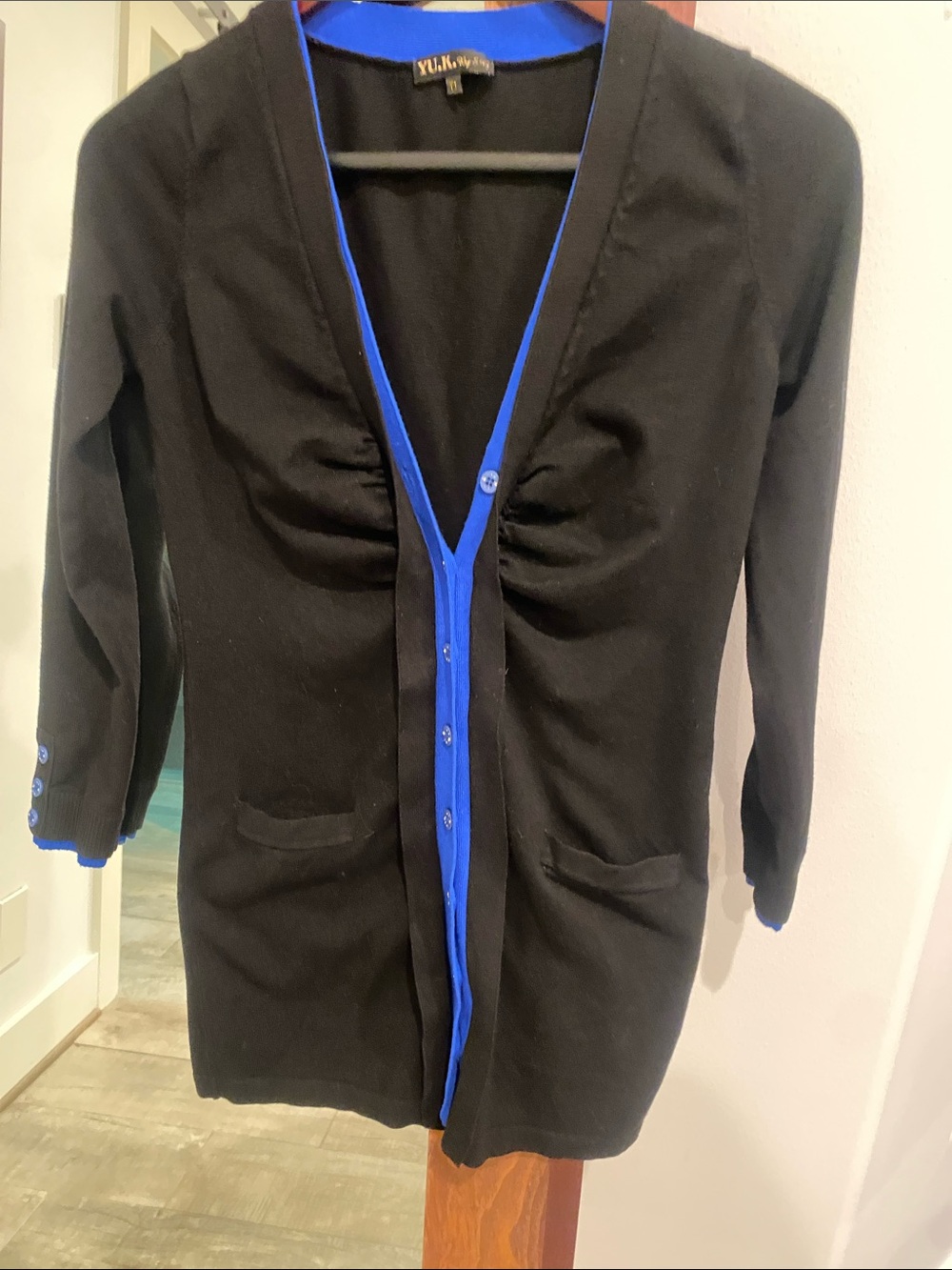 Black Long Cardigan with Royal Blue Trim
